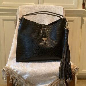 GILI Black Crocodile Embossed All Leather Tote